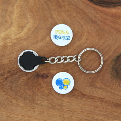 personalizowane breloki do kluczy - przypinka do kluczy 25mm z brelokiem z łańcuszkiem